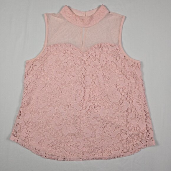 Eve & Maddie Pink Lace Sleeveless Blouse Sheer Mesh Yoke‎ Top XL Romantic Chic - Picture 5 of 13
